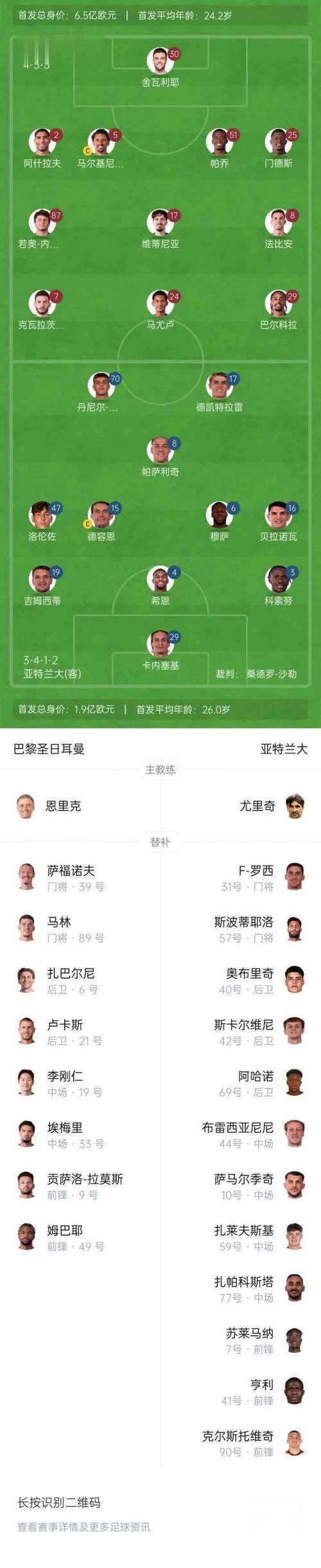 巴黎客战布雷斯特首发:登贝莱替补,K77、李刚仁、巴尔科拉登场